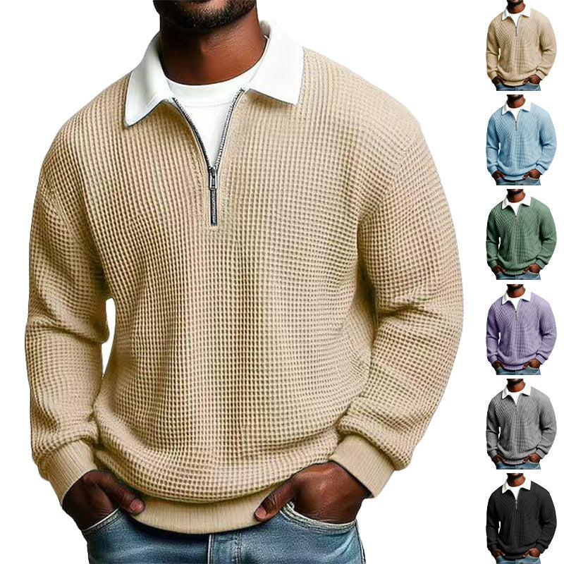 Men’s Solid Color Waffle-Weave Long-Sleeve Zip-Up Polo Shirt with Lapel Collar