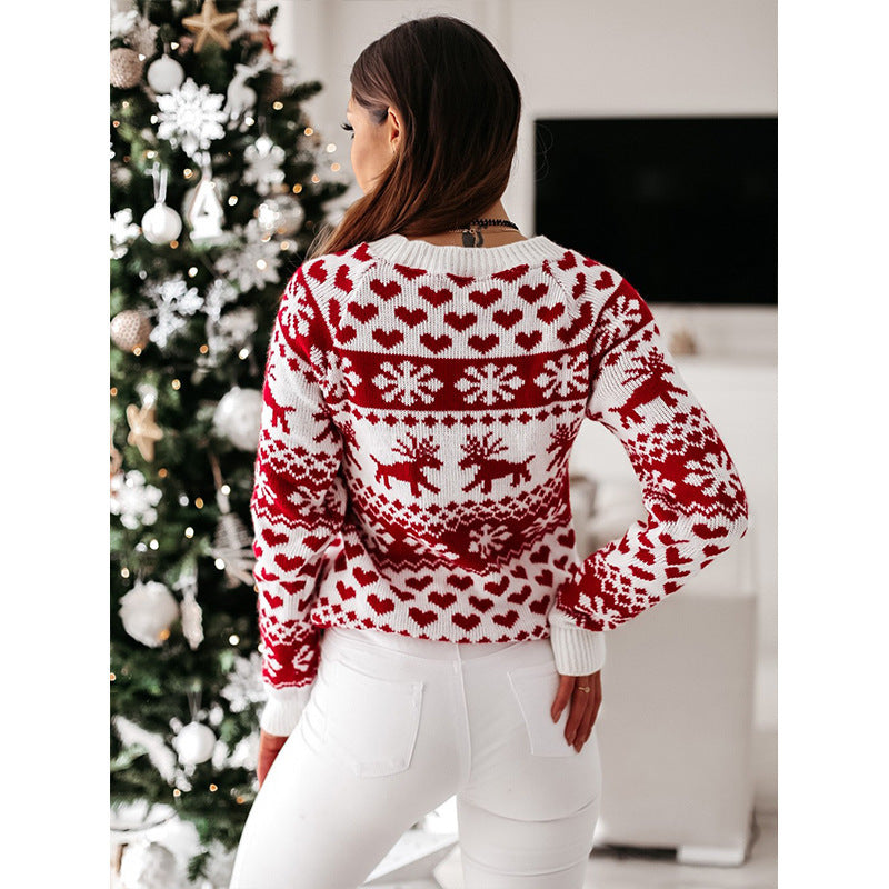 Women’s Festive Knitted Christmas Sweater – Soft Jacquard Pullover with Elk & Snowflake Design