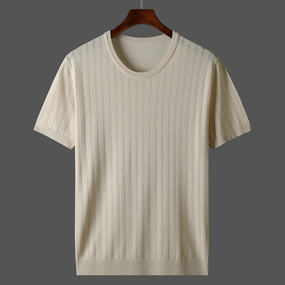 Men’s Hollow-Out Knitted Short-Sleeve Shirt – Casual Breathable Summer Top