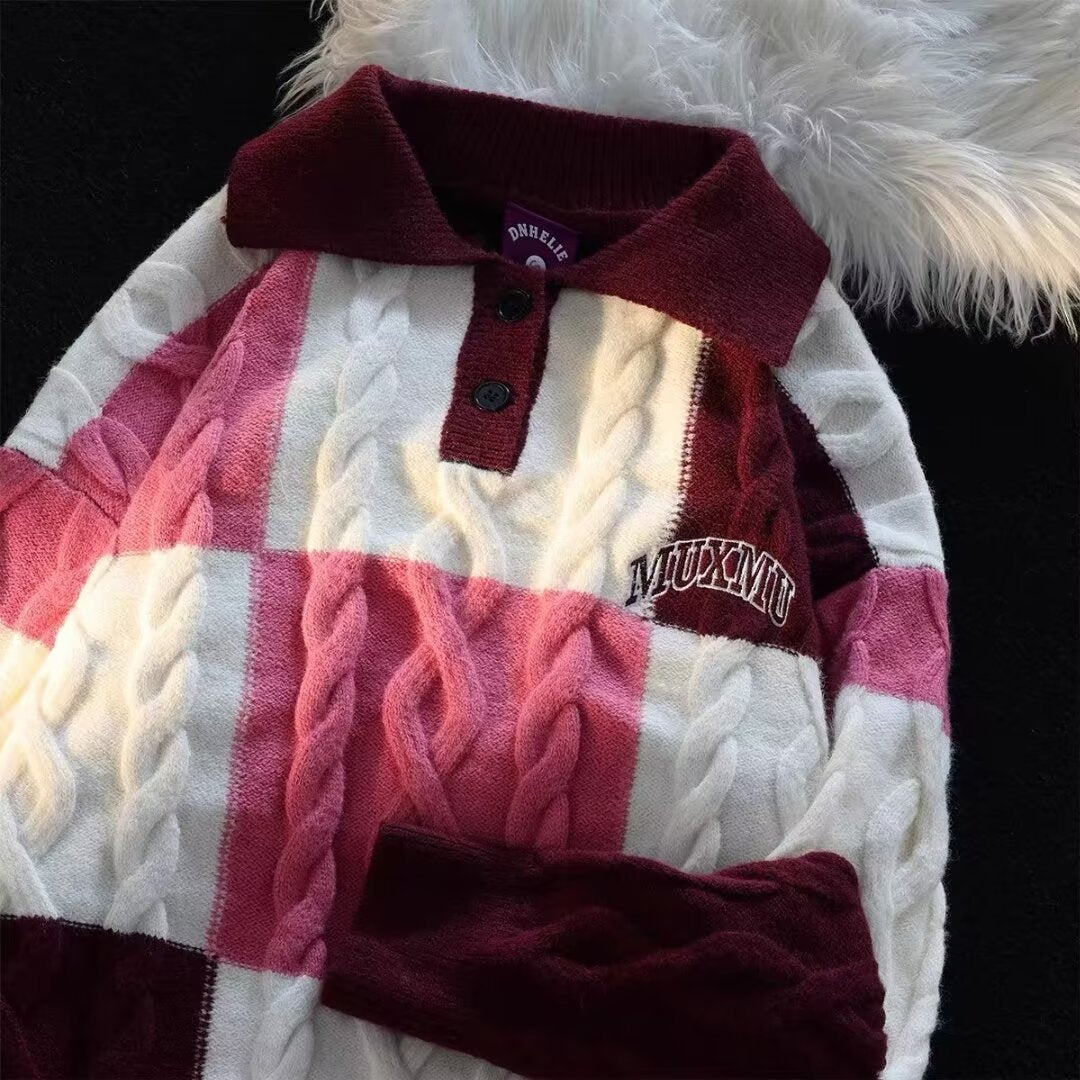 Women’s Contrast-Color Cable-Knit Sweater with Turn-Down Collar – Casual Knitwear