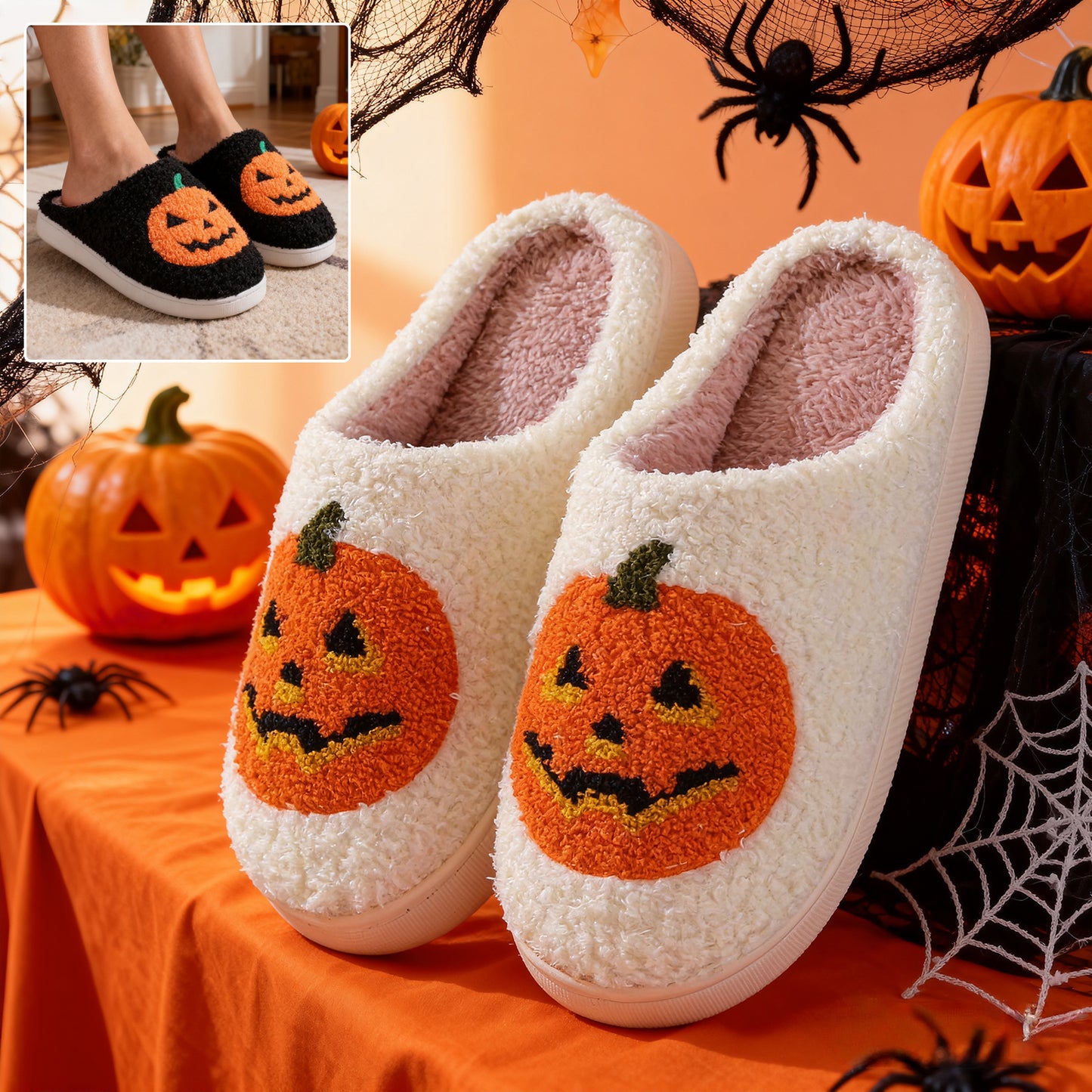 Halloween Pumpkin Slippers – Warm Winter Indoor House Shoes for Women & Men
