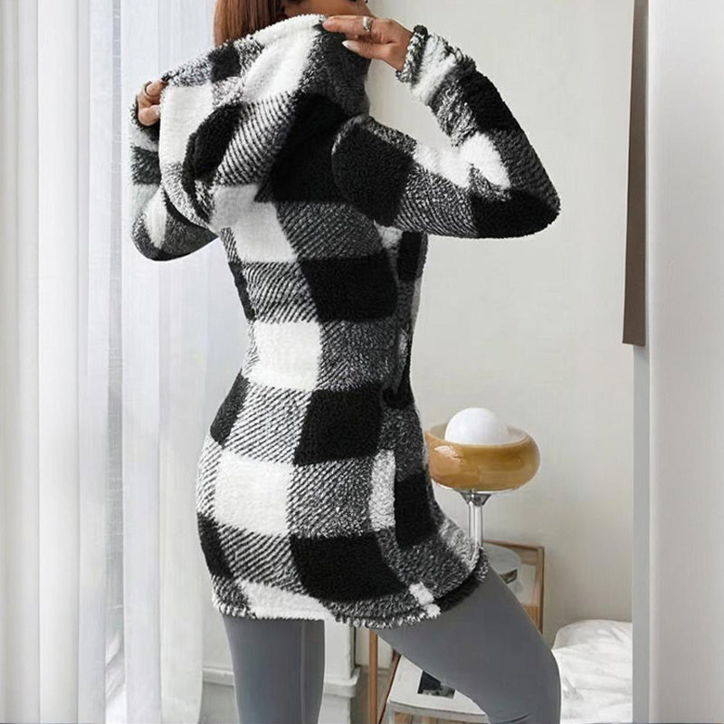 Women’s Winter Plaid Coat – Long Hooded Sherpa Jacket with Warm Fleece Lining