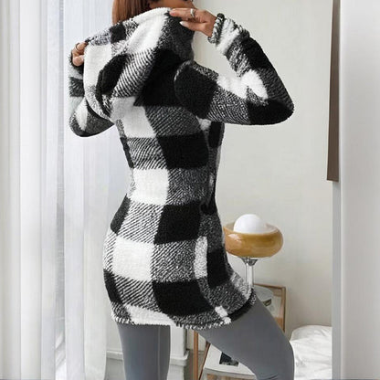 Women’s Winter Plaid Coat – Long Hooded Sherpa Jacket with Warm Fleece Lining
