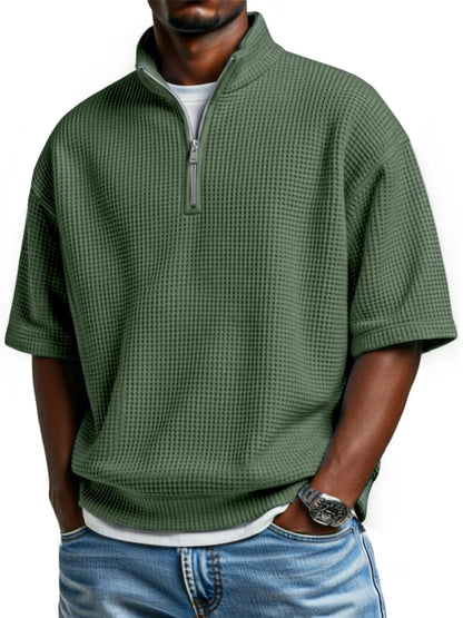Men’s Waffle-Knit Short-Sleeve Polo Shirt – Loose-Fit Half-Zip Casual T-Shirt