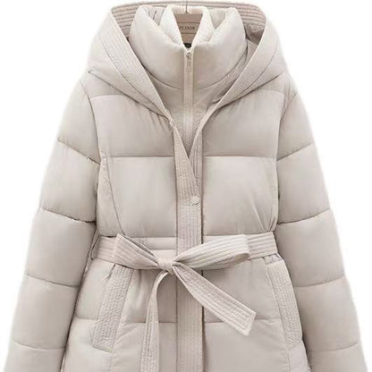 Women’s Short Hooded Coat – Waist-Cinching Slim-Fit Tie-Front Warm Jacket