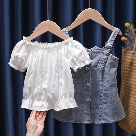 Kids Summer Denim Suspender Skirt Outfit – Baby Fashion Short Sleeve Set