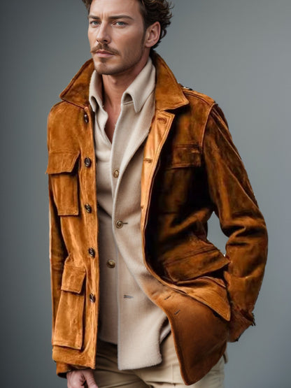 Men’s Regular Cowhide Leather Coat – Casual Trench Jacket with Multi-Pockets