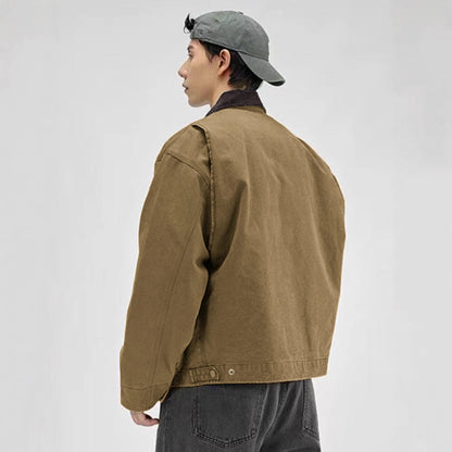 Men’s Turn-Down Collar Jacket – Washed Tooling Coat for Spring & Autumn