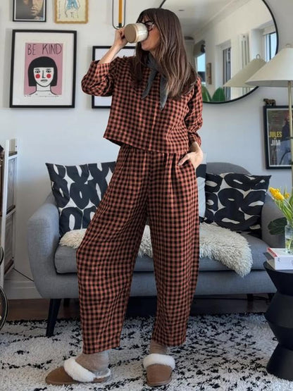 Women’s Loose Breathable Grid Long-Sleeve Vest & Pants Set.