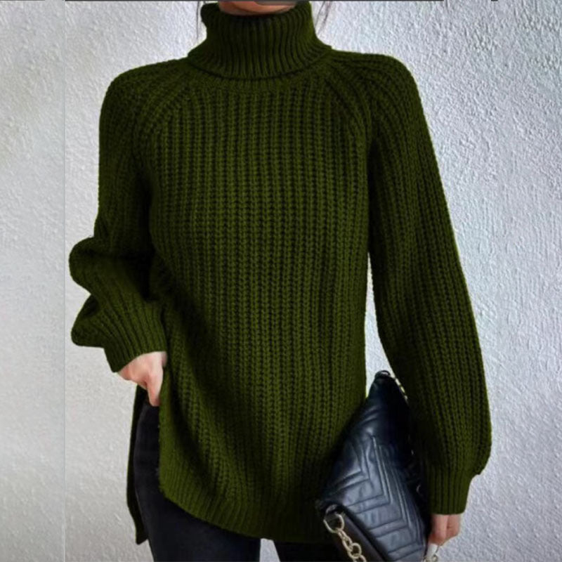 Women’s Turtleneck Pullover Sweater – Solid Color Long Sleeve Top with Split Design
