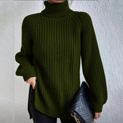 Women’s Turtleneck Pullover Sweater – Solid Color Long Sleeve Top with Split Design