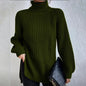 Women’s Turtleneck Pullover Sweater – Solid Color Long Sleeve Top with Split Design