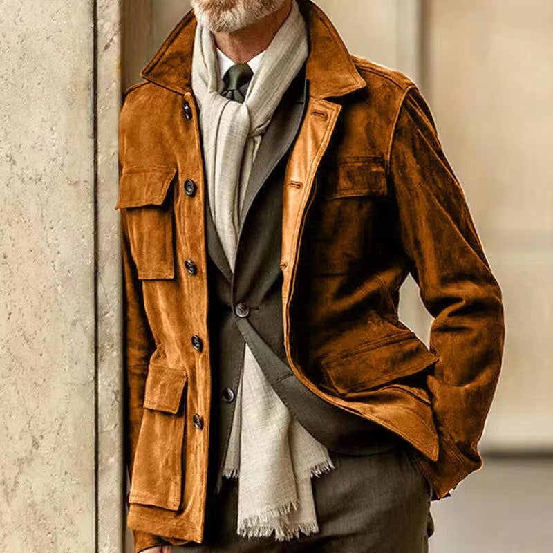 Men’s Regular Cowhide Leather Coat – Casual Trench Jacket with Multi-Pockets