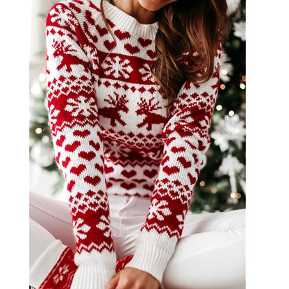 Women’s Festive Knitted Christmas Sweater – Soft Jacquard Pullover with Elk & Snowflake Design