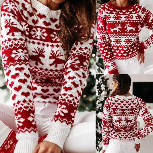 Women’s Festive Knitted Christmas Sweater – Soft Jacquard Pullover with Elk & Snowflake Design