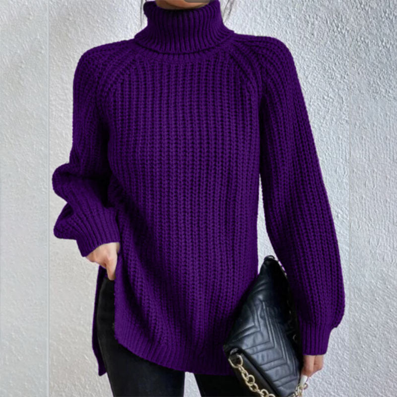 Women’s Turtleneck Pullover Sweater – Solid Color Long Sleeve Top with Split Design