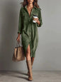 Women’s Long-Sleeve Turn-Down Collar Button Dress – Chic Casual Solid Spring/Autumn Party & Holiday Outfit