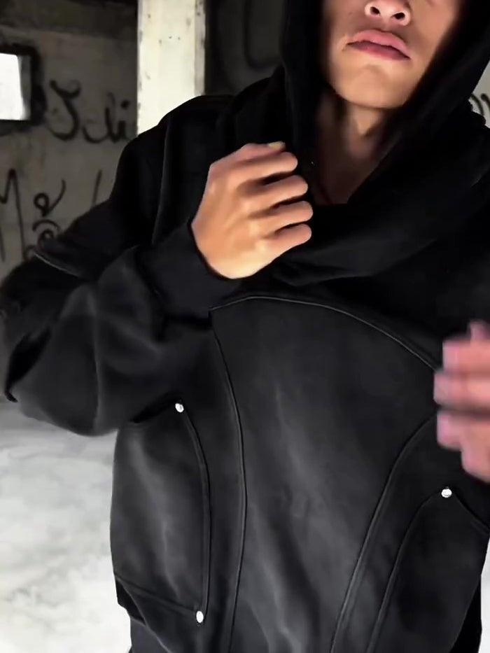 Black Structural Panel Cropped Hoodie – Trendy Streetwear Sweatshirt for Women