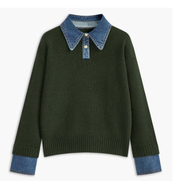 Women’s Cowboy Patchwork Fake Two-Piece Sweater – European Style Casual Knit Top