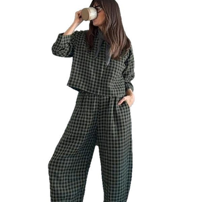Women’s Loose Breathable Grid Long-Sleeve Vest & Pants Set.