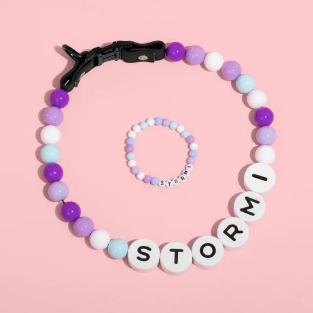 Personalized Dog Beaded Name Collar & Bracelet Set – Custom Letter Bead Pet Necklace