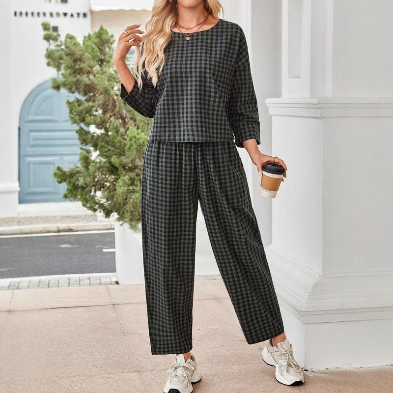 Women’s Loose Breathable Grid Long-Sleeve Vest & Pants Set.