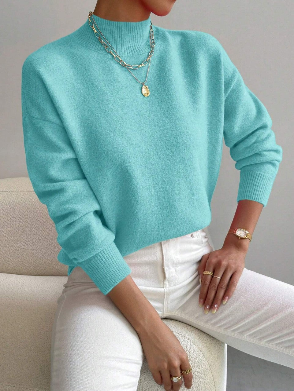 Women’s Solid Color Pullover Sweater – Mid-High Neck Long Sleeve Knitted Top