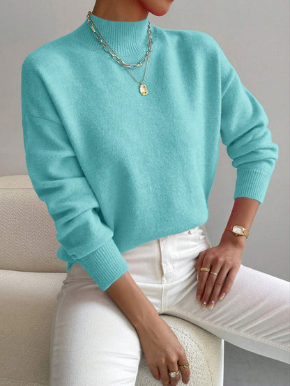 Women’s Solid Color Pullover Sweater – Mid-High Neck Long Sleeve Knitted Top