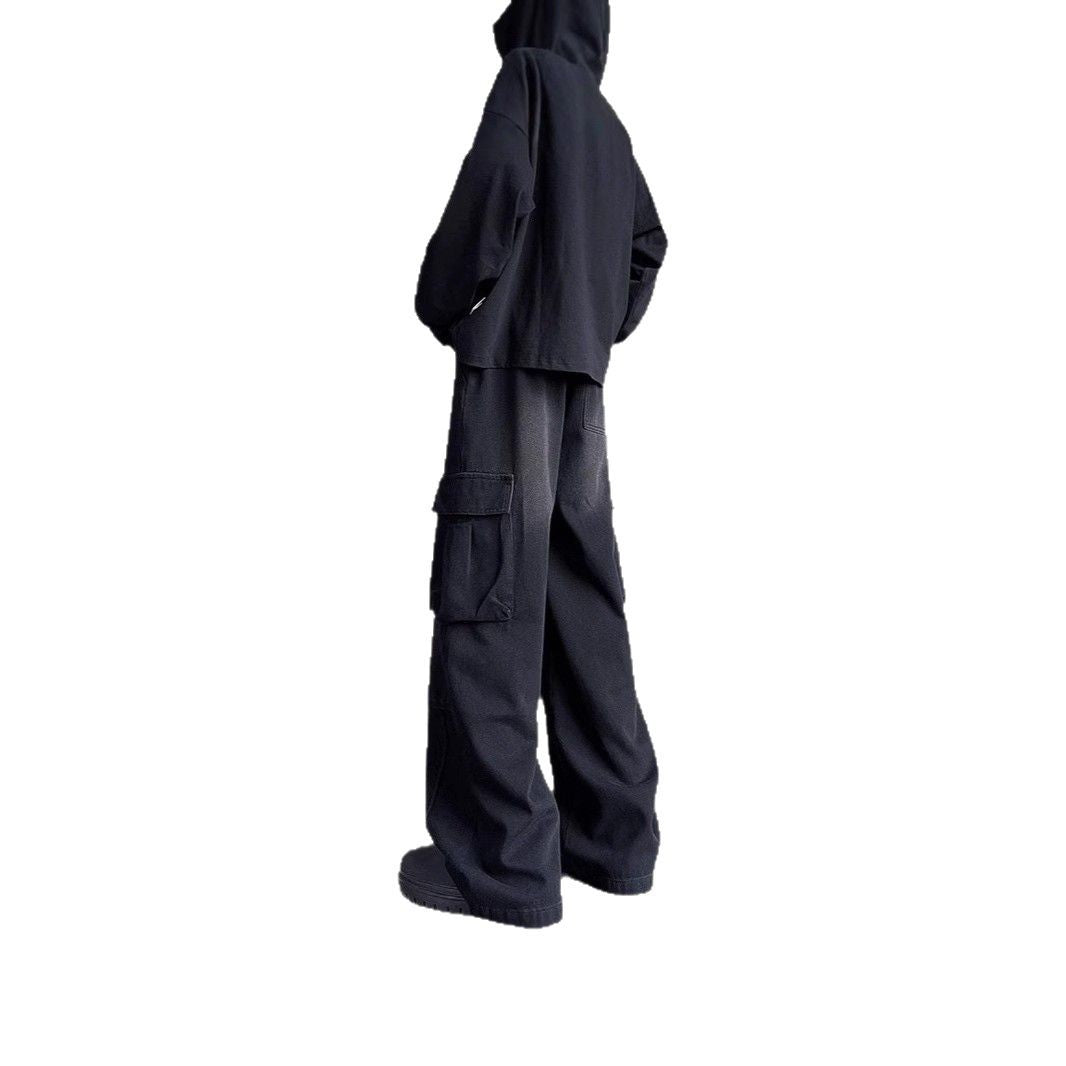 Men’s Washed Vintage Denim Pants – Wide-Leg Multi-Pocket Casual Trousers