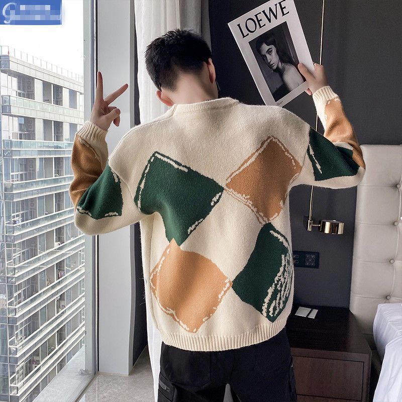 Men’s Contrast-Color Knit Crew Neck Sweater – Fashionable Casual Pullover