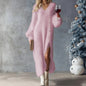 Women’s Chic Split Knitted Maxi Dress – Button Design V-Neck Fleece Winter Evening Party Dress