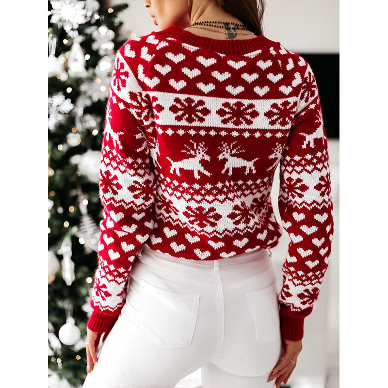 Women’s Festive Knitted Christmas Sweater – Soft Jacquard Pullover with Elk & Snowflake Design