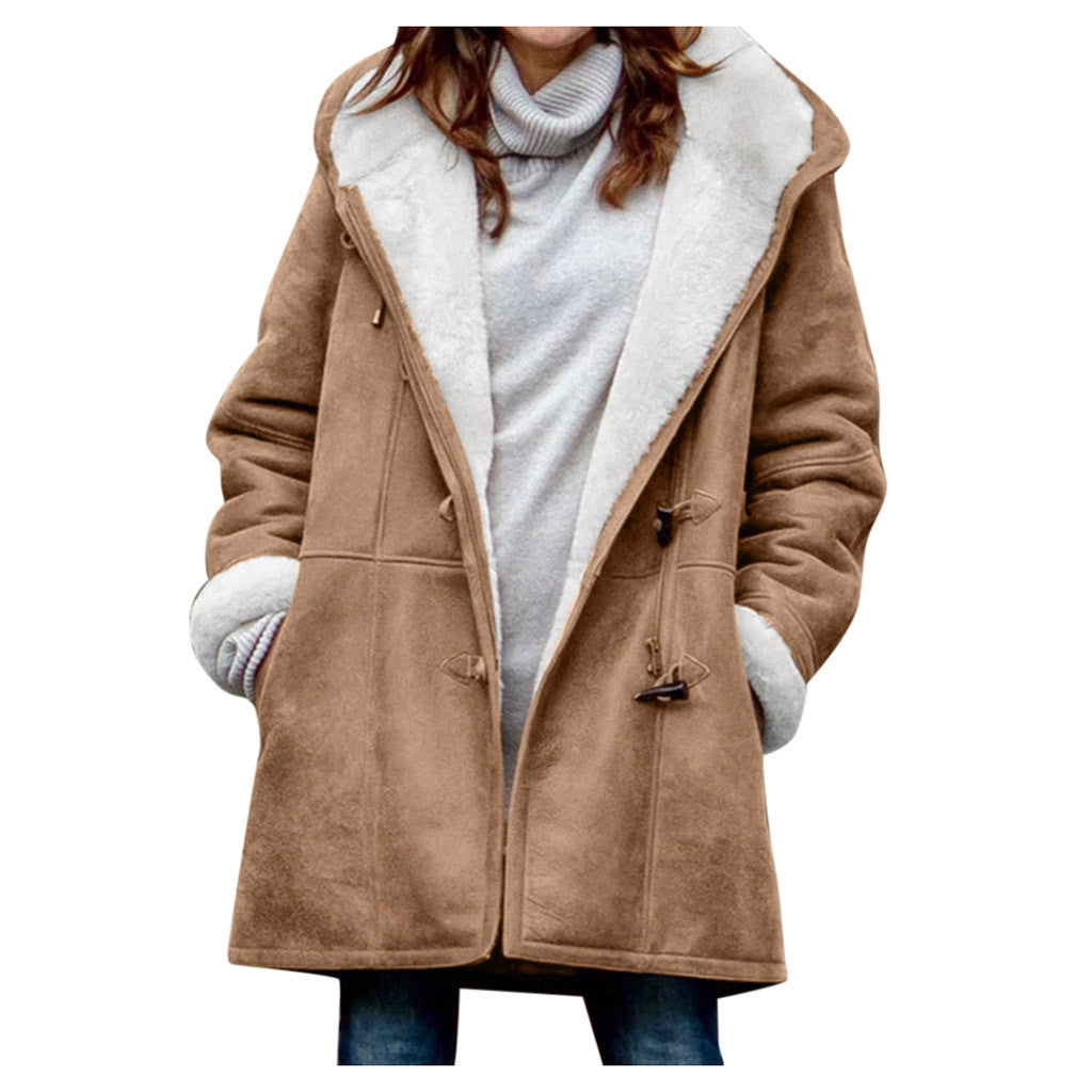 Women’s Winter Button Coat – Warm Hooded Jacket with Pockets