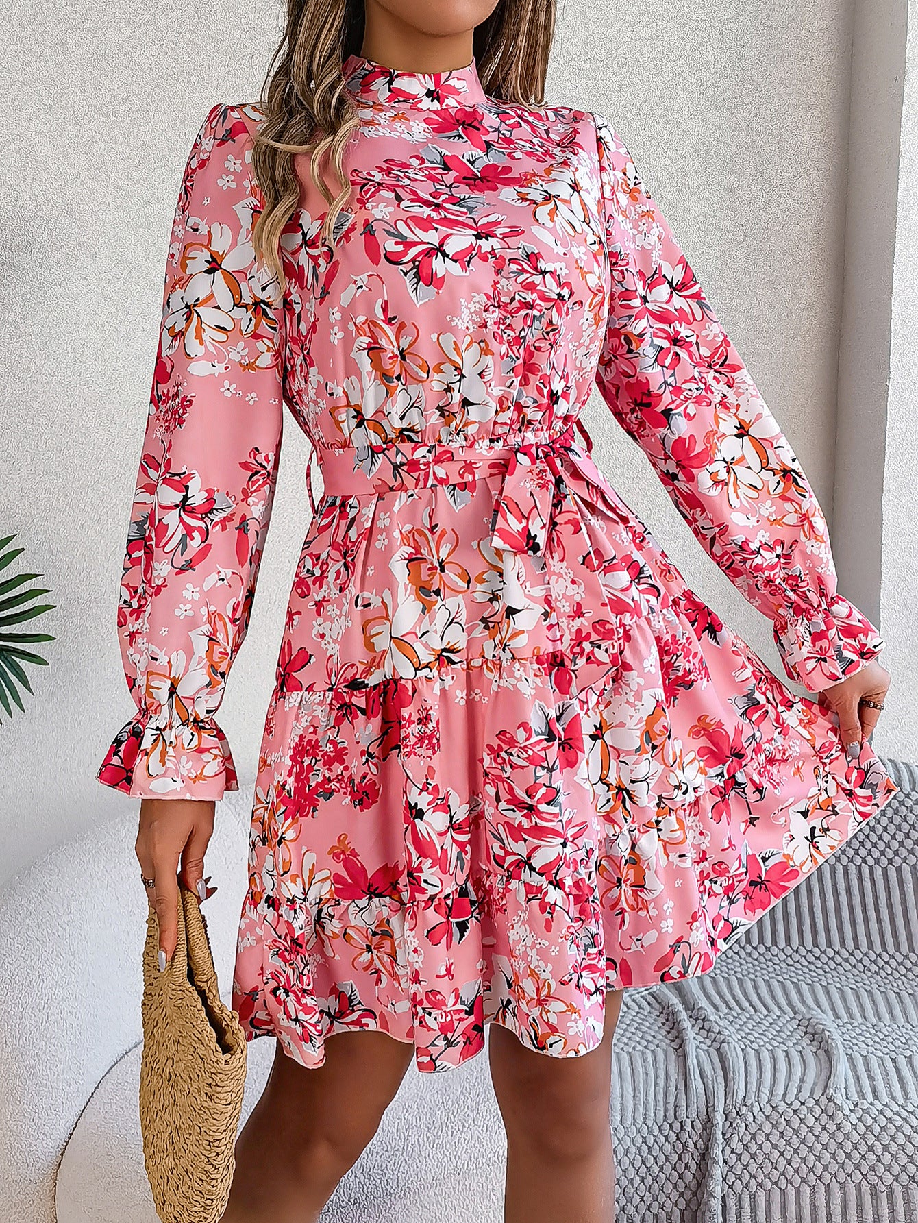 Women’s Standing Collar Floral A-Line Dress – Ruffled Long Sleeve Waist-Controlled Spring & Autumn Ruffle Edge Dress