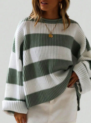 Women’s Loose Striped Sweater – Casual Long Batwing Sleeve Round Neck Pullover Knit Top