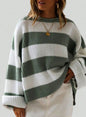 Women’s Loose Striped Sweater – Casual Long Batwing Sleeve Round Neck Pullover Knit Top