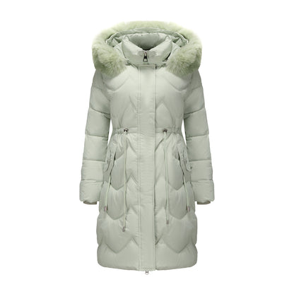 Women’s Mid-Length Cotton Coat with Big Fur Collar – Thickened Waist-Cinching Winter Jacket