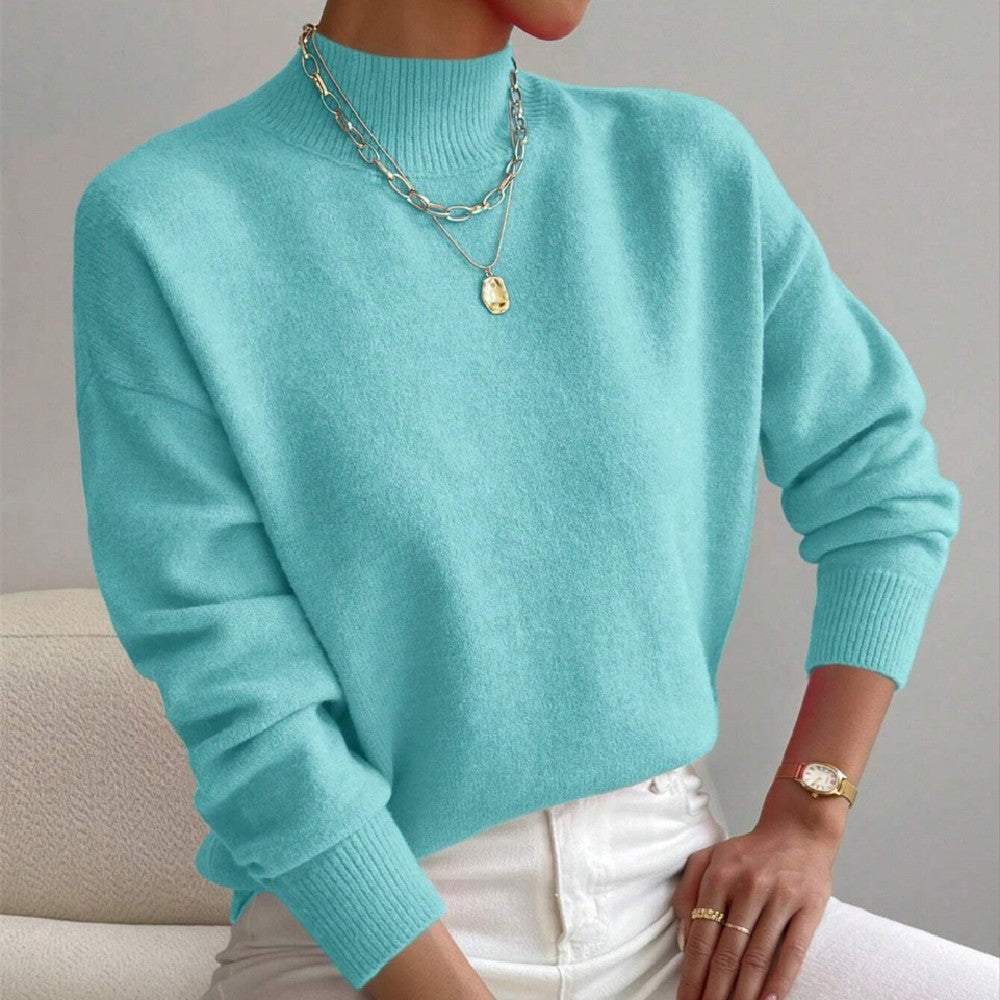 Women’s Solid Color Pullover Sweater – Mid-High Neck Long Sleeve Knitted Top