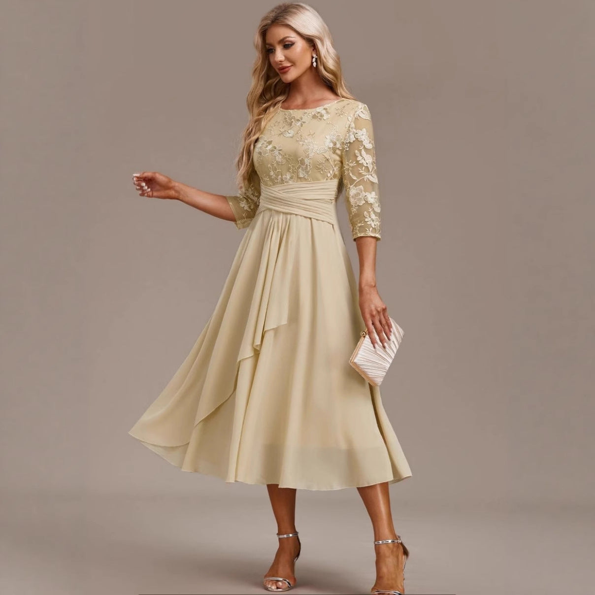 Women’s Elegant Lace Spliced Dress – Round‑Neck, Cross‑border Style