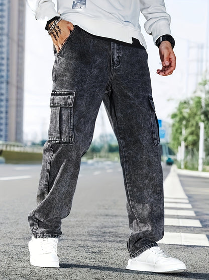 Men’s Loose-Fit Multi-Pocket Denim Jeans – Fashionable Street-Style Workwear