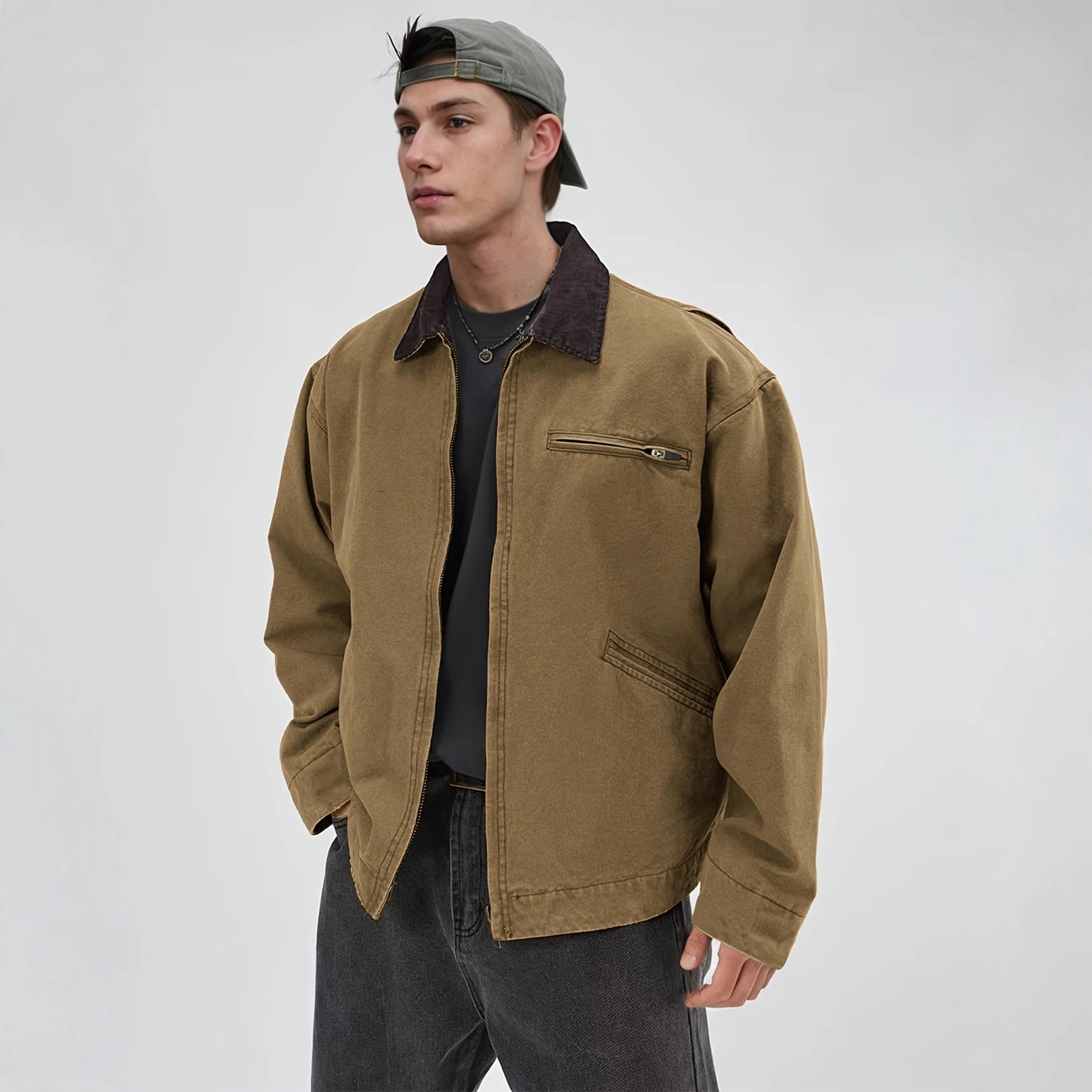 Men’s Turn-Down Collar Jacket – Washed Tooling Coat for Spring & Autumn