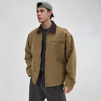 Men’s Turn-Down Collar Jacket – Washed Tooling Coat for Spring & Autumn
