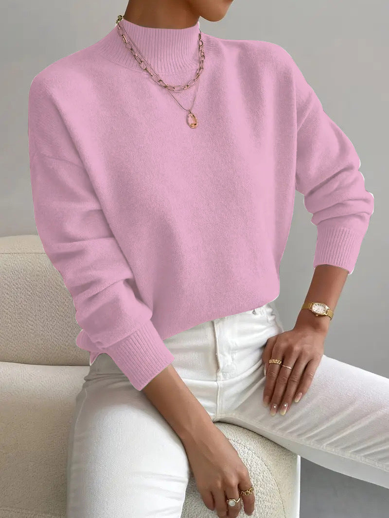 Women’s Solid Color Pullover Sweater – Mid-High Neck Long Sleeve Knitted Top