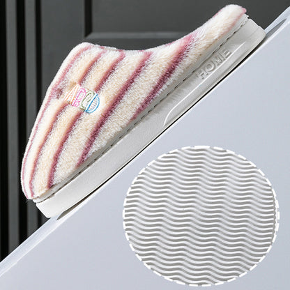 Plush Striped Winter Slippers – Warm Letter-Embroidered Indoor Home Shoes for Women & Men