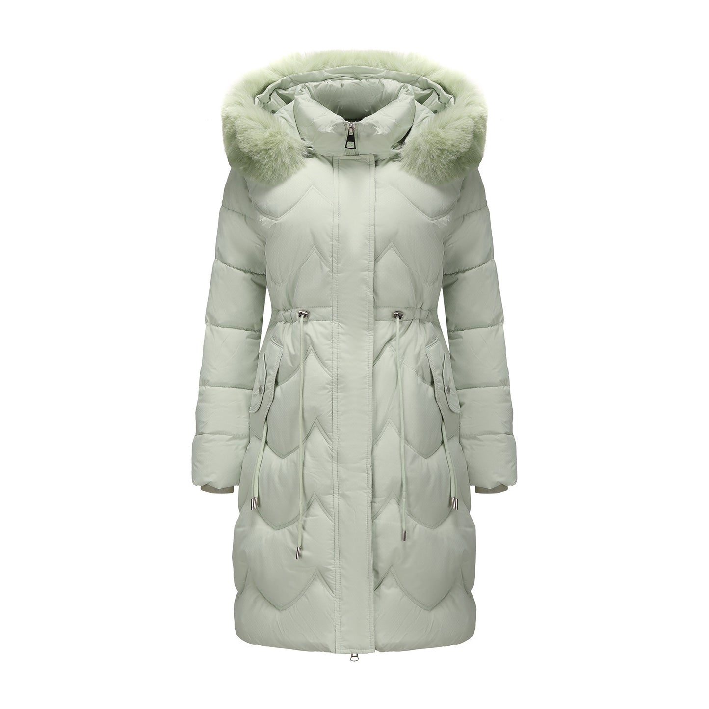 Women’s Mid-Length Cotton Coat with Big Fur Collar – Thickened Waist-Cinching Winter Jacket