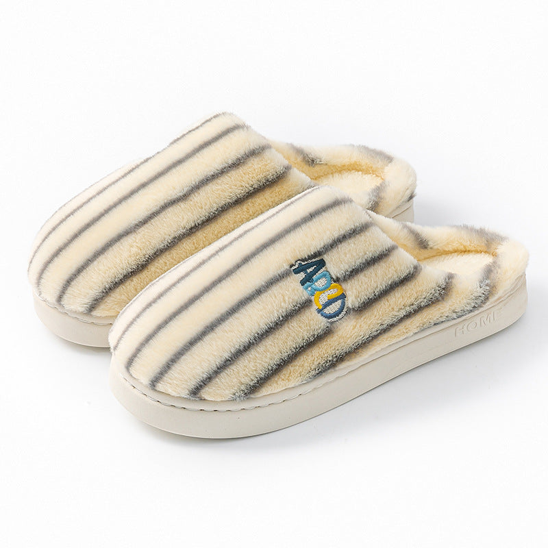 Plush Striped Winter Slippers – Warm Letter-Embroidered Indoor Home Shoes for Women & Men