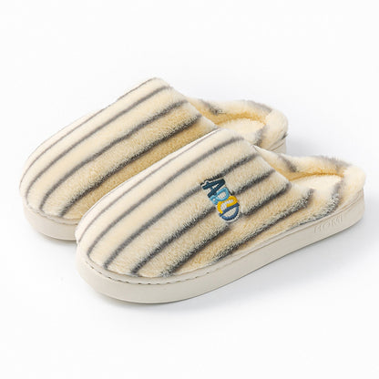 Plush Striped Winter Slippers – Warm Letter-Embroidered Indoor Home Shoes for Women & Men