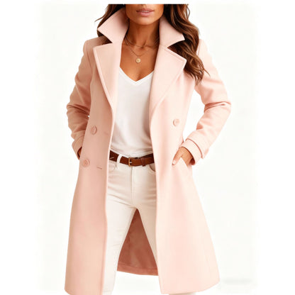 Women’s Single-Breasted Mid-Length Coat with Pockets – Elegant Lapel Jacket, Casual Long-Sleeve Fashion Outerwear