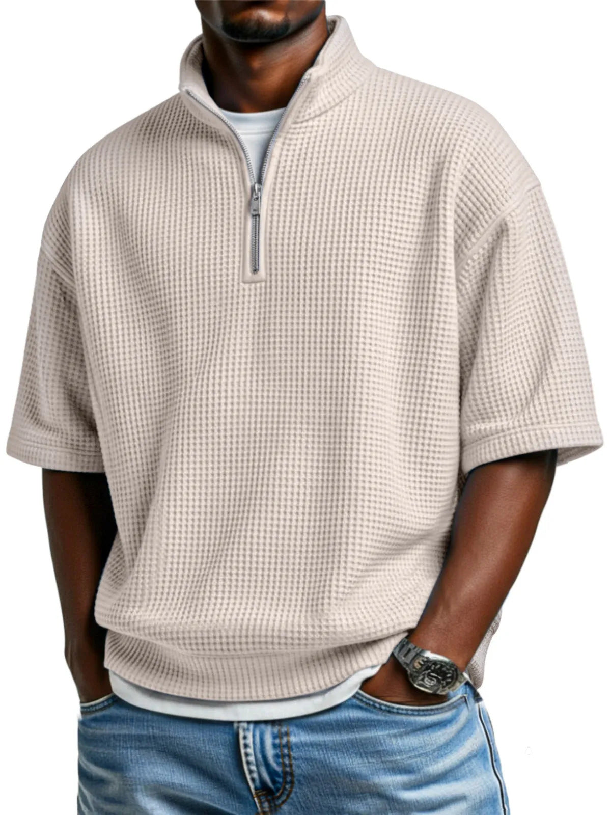 Men’s Waffle-Knit Short-Sleeve Polo Shirt – Loose-Fit Half-Zip Casual T-Shirt