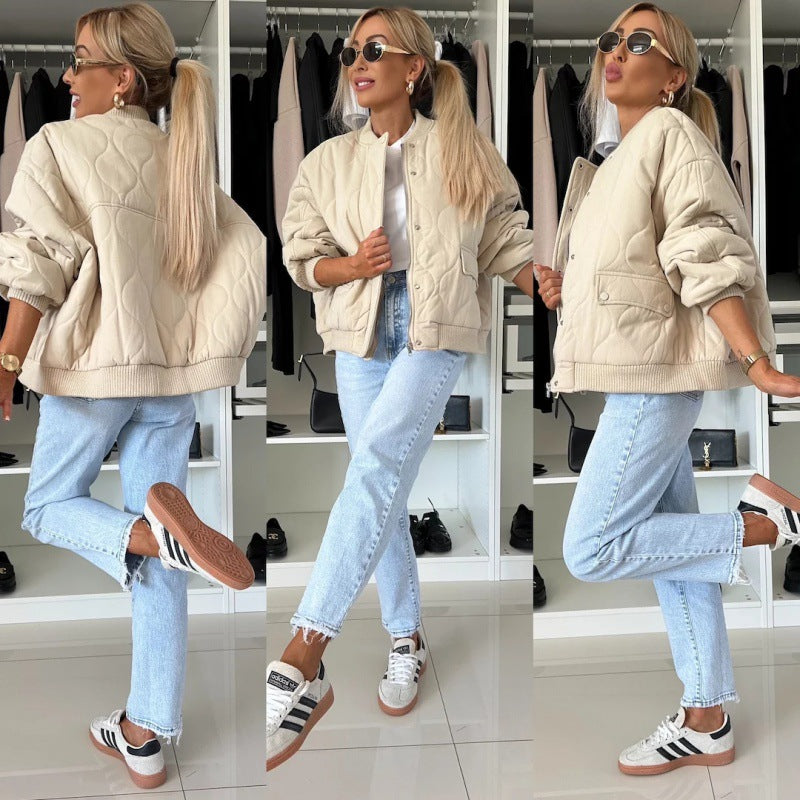 Women’s Winter Stitched Jacket – Chic Casual Buckle Coat with Long Sleeves Solid Color Outerwear